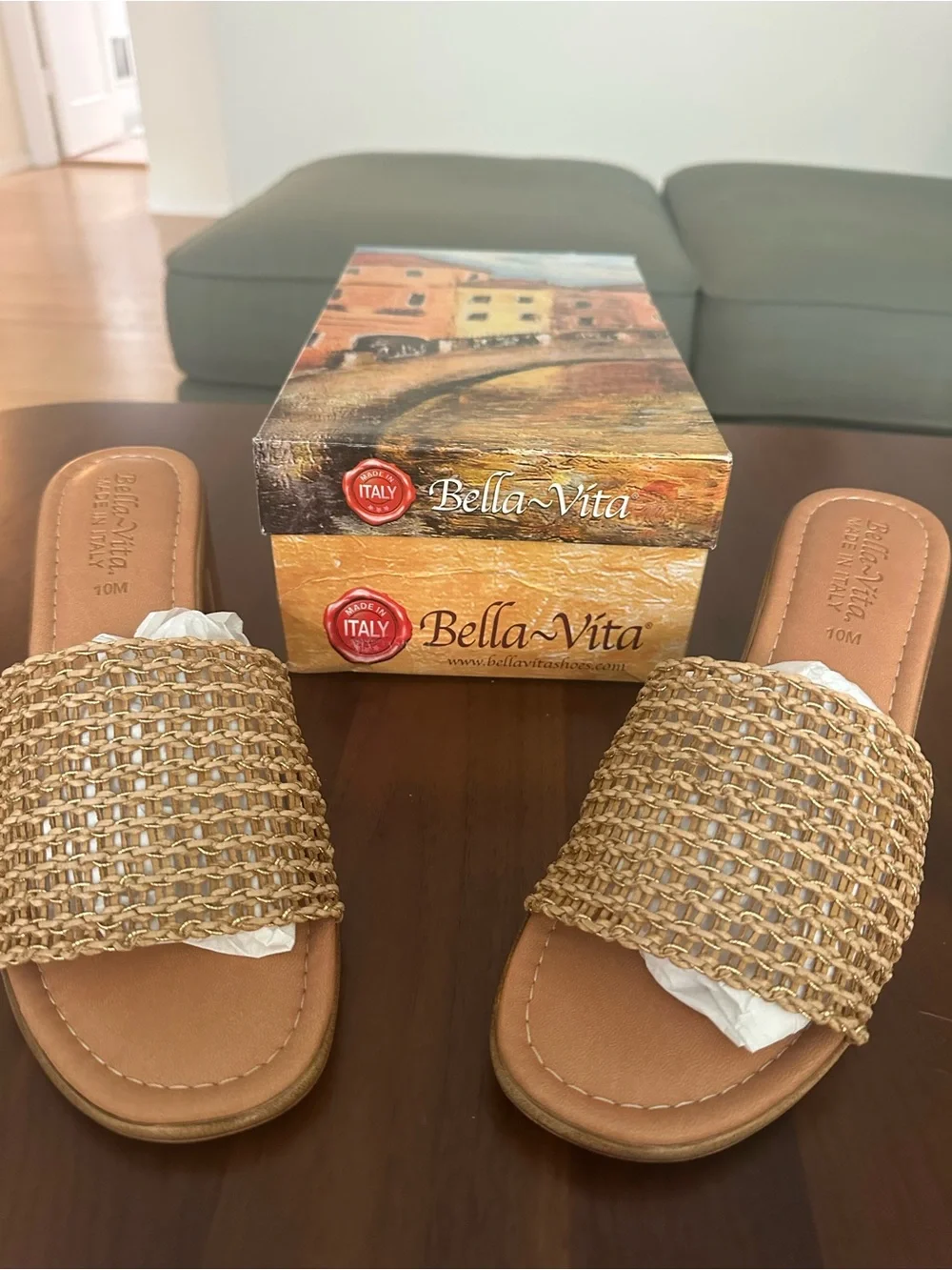 Bella Vita Woven Mule Sandals in Natural Tan & Gold